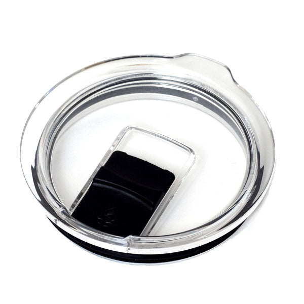 LAMOSE clear replacement tumbler lid with black sliding spout cover and black silicone gasket, top-down view.