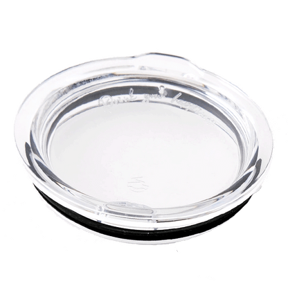 LAMOSE clear replacement drinkware lid, top-angled view, transparent BPA-free plastic with black gasket and engraved details.